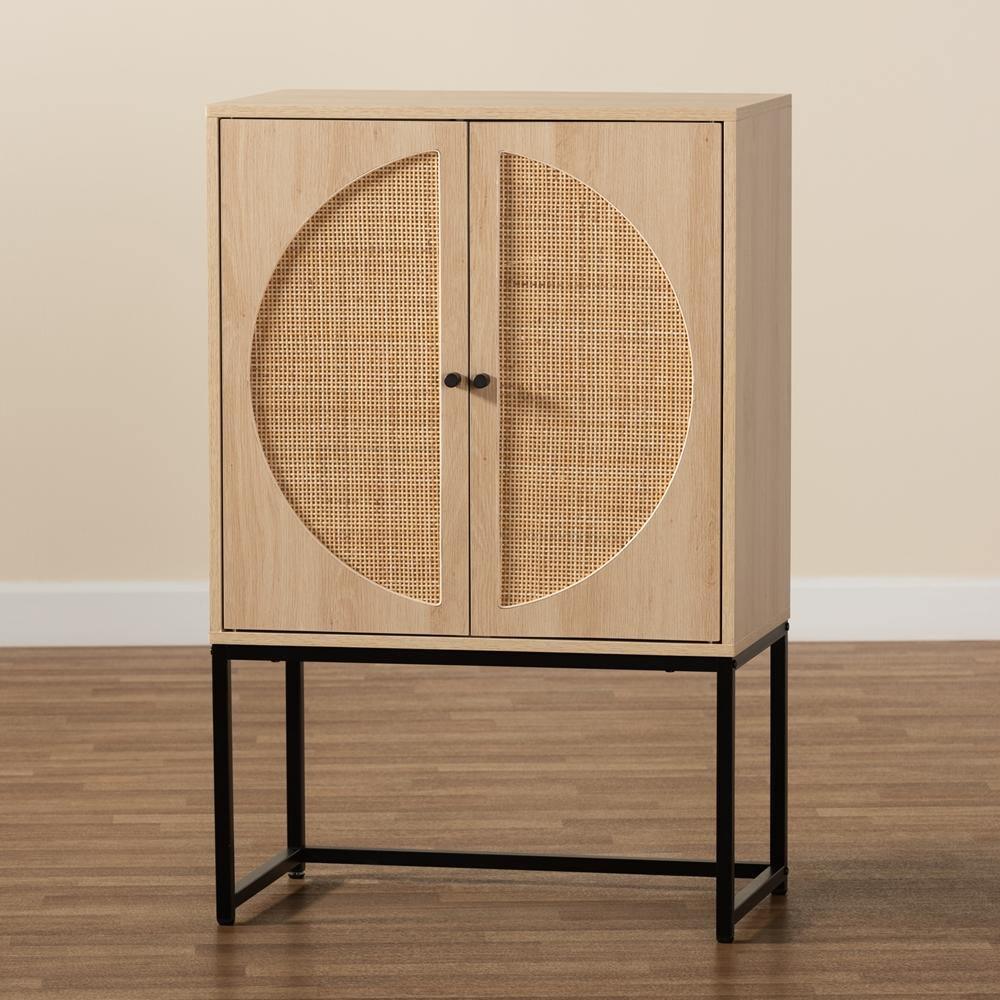 Ardon Bohemian Light Brown Finished Wood and Black Metal 2-Door Storage Cabinet with Natural Rattan FredCo