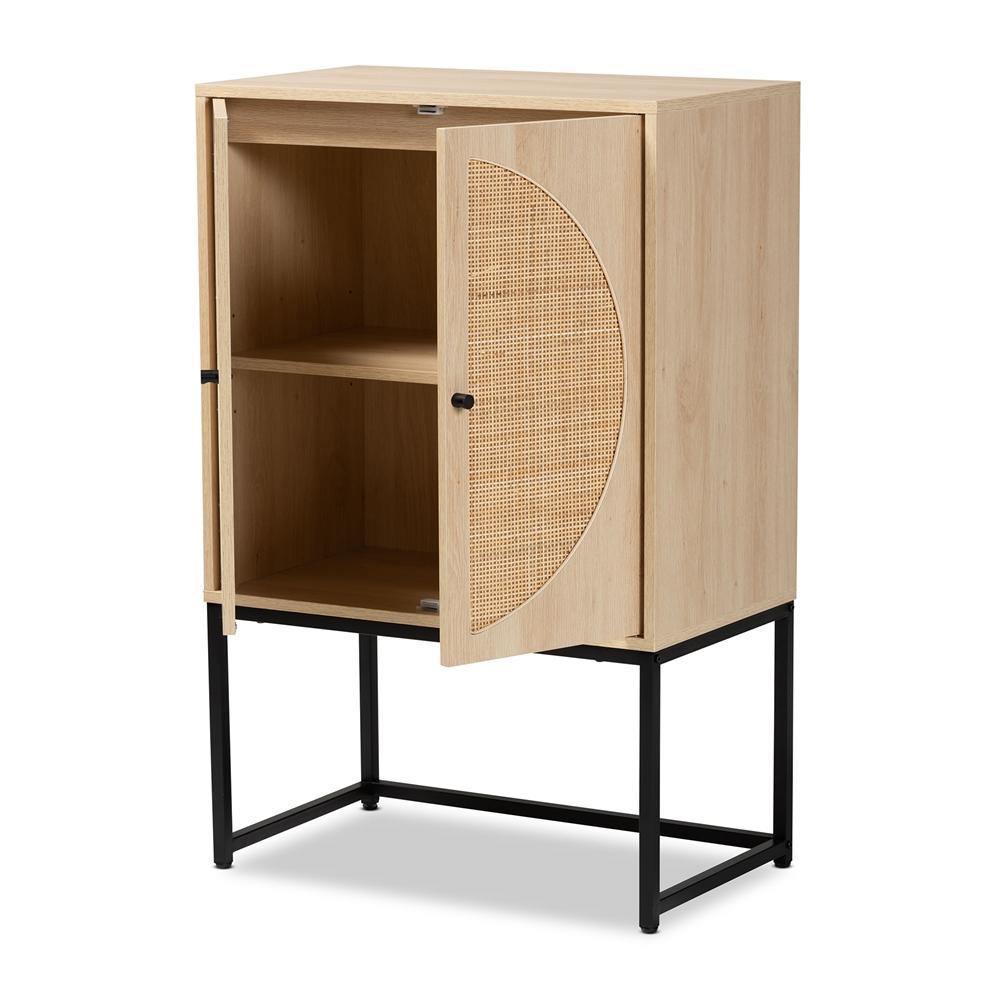 Ardon Bohemian Light Brown Finished Wood and Black Metal 2-Door Storage Cabinet with Natural Rattan FredCo
