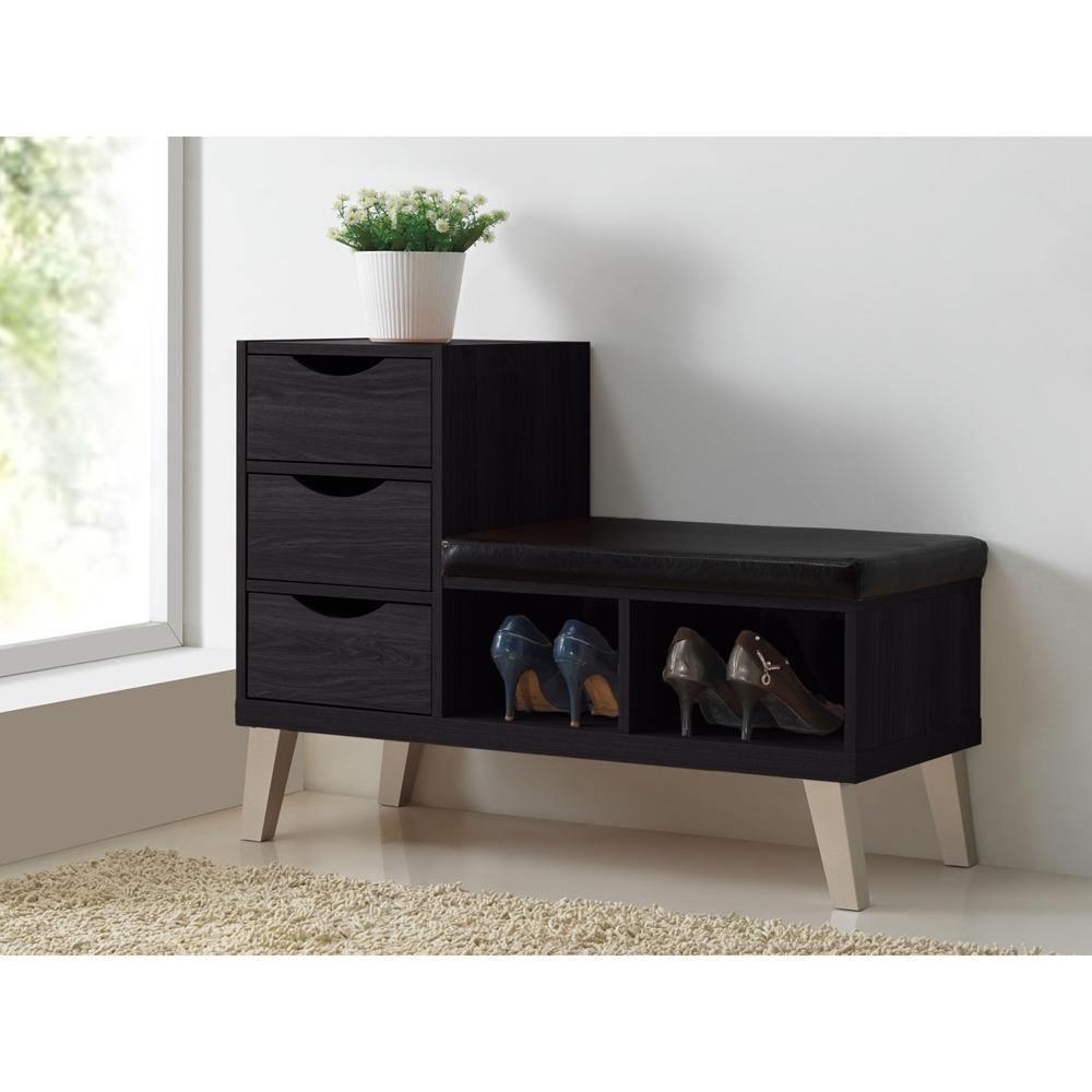 Arielle Modern and Contemporary Dark Brown Wood 3-drawer Shoe Storage Padded Leatherette Seating Bench with Two Open Shelves FredCo