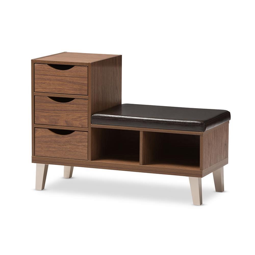 Arielle Modern and Contemporary Walnut Brown Wood 3-Drawer Shoe Storage Padded Leatherette Seating Bench with Two Open Shelves FredCo