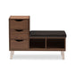 Arielle Modern and Contemporary Walnut Brown Wood 3-Drawer Shoe Storage Padded Leatherette Seating Bench with Two Open Shelves FredCo