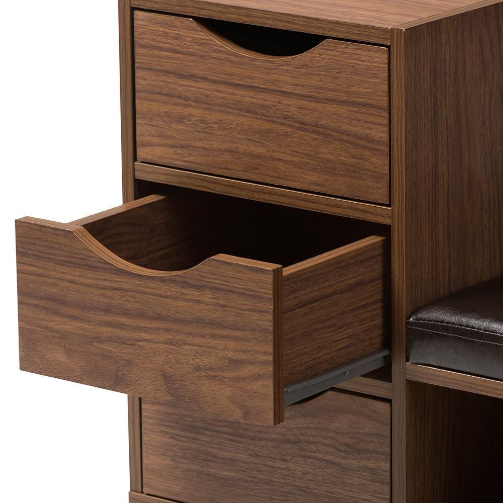 Arielle Modern and Contemporary Walnut Brown Wood 3-Drawer Shoe Storage Padded Leatherette Seating Bench with Two Open Shelves FredCo