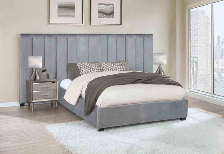 Arles Upholstered Eastern King Bedroom Set Grey with Side Panels Coaster FredCo