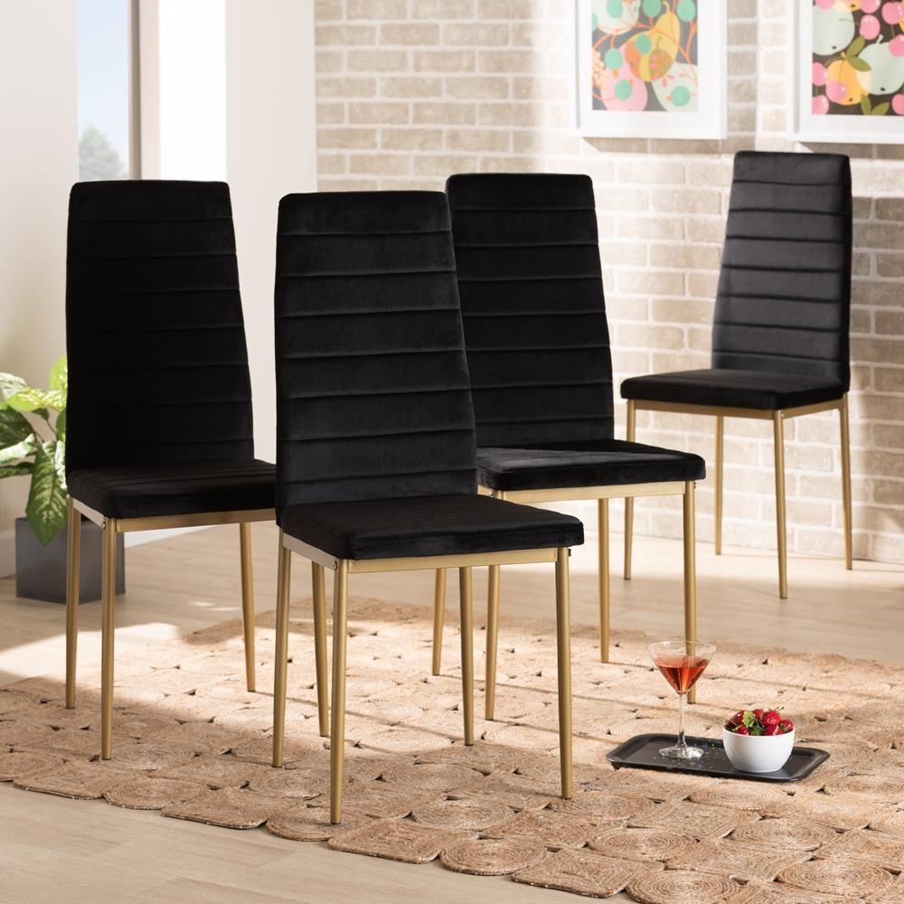 Armand Modern Glam and Luxe Black Velvet Fabric Upholstered and Gold Finished Metal 4- Piece Dining Chair Set FredCo