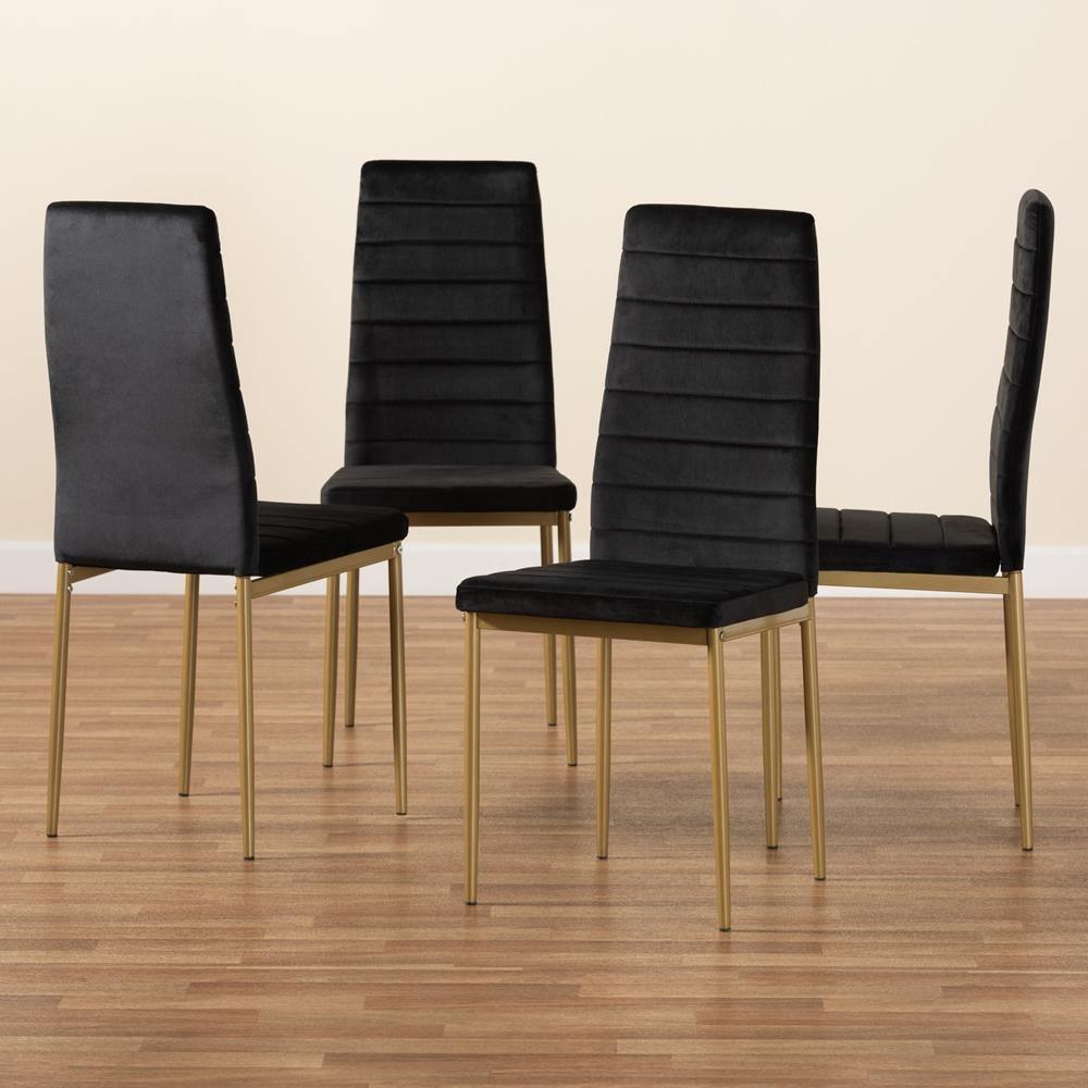Armand Modern Glam and Luxe Black Velvet Fabric Upholstered and Gold Finished Metal 4- Piece Dining Chair Set FredCo
