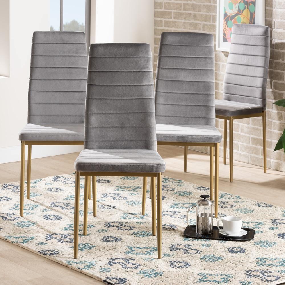 Armand Modern Glam and Luxe Grey Velvet Fabric Upholstered and Gold Finished Metal 4 Piece Dining Chair Set FredCo