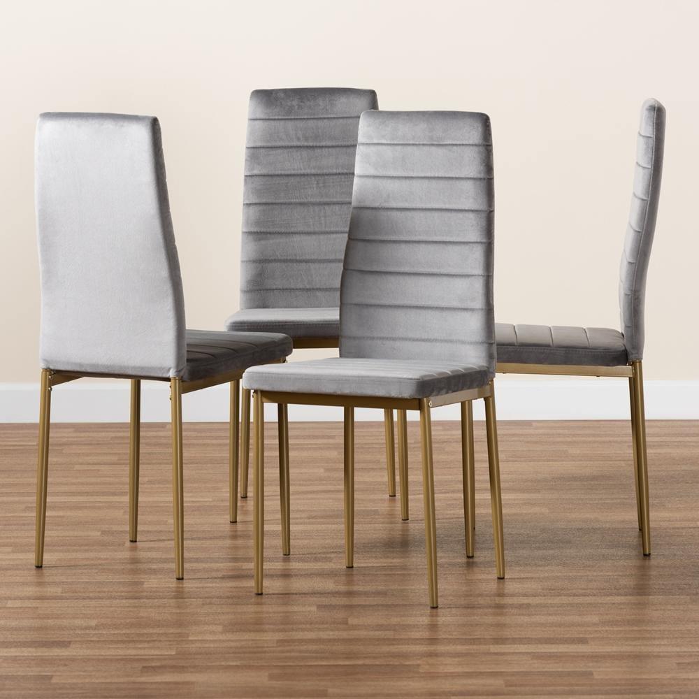 Armand Modern Glam and Luxe Grey Velvet Fabric Upholstered and Gold Finished Metal 4 Piece Dining Chair Set FredCo
