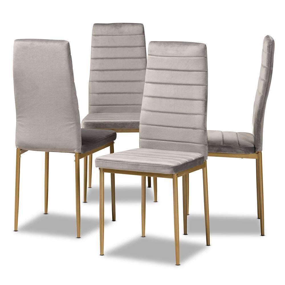 Armand Modern Glam and Luxe Grey Velvet Fabric Upholstered and Gold Finished Metal 4 Piece Dining Chair Set FredCo
