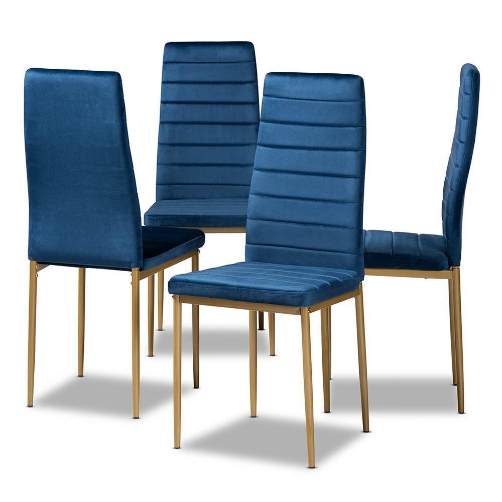Armand Modern Glam and Luxe Navy Blue Velvet Fabric Upholstered and Gold Finished Metal 4 Piece Dining Chair Set FredCo