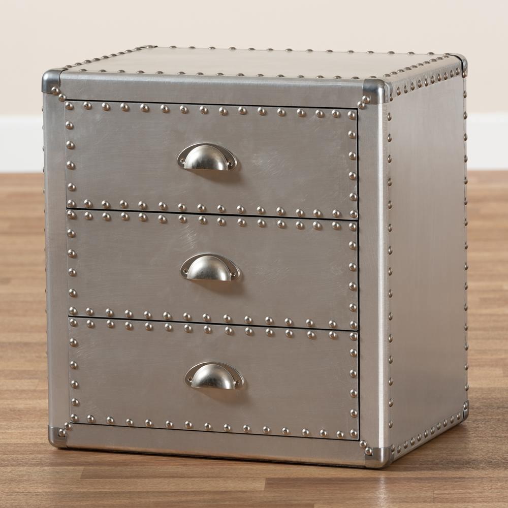 Armel French Industrial Silver Metal 3-Drawer Nightstand FredCo