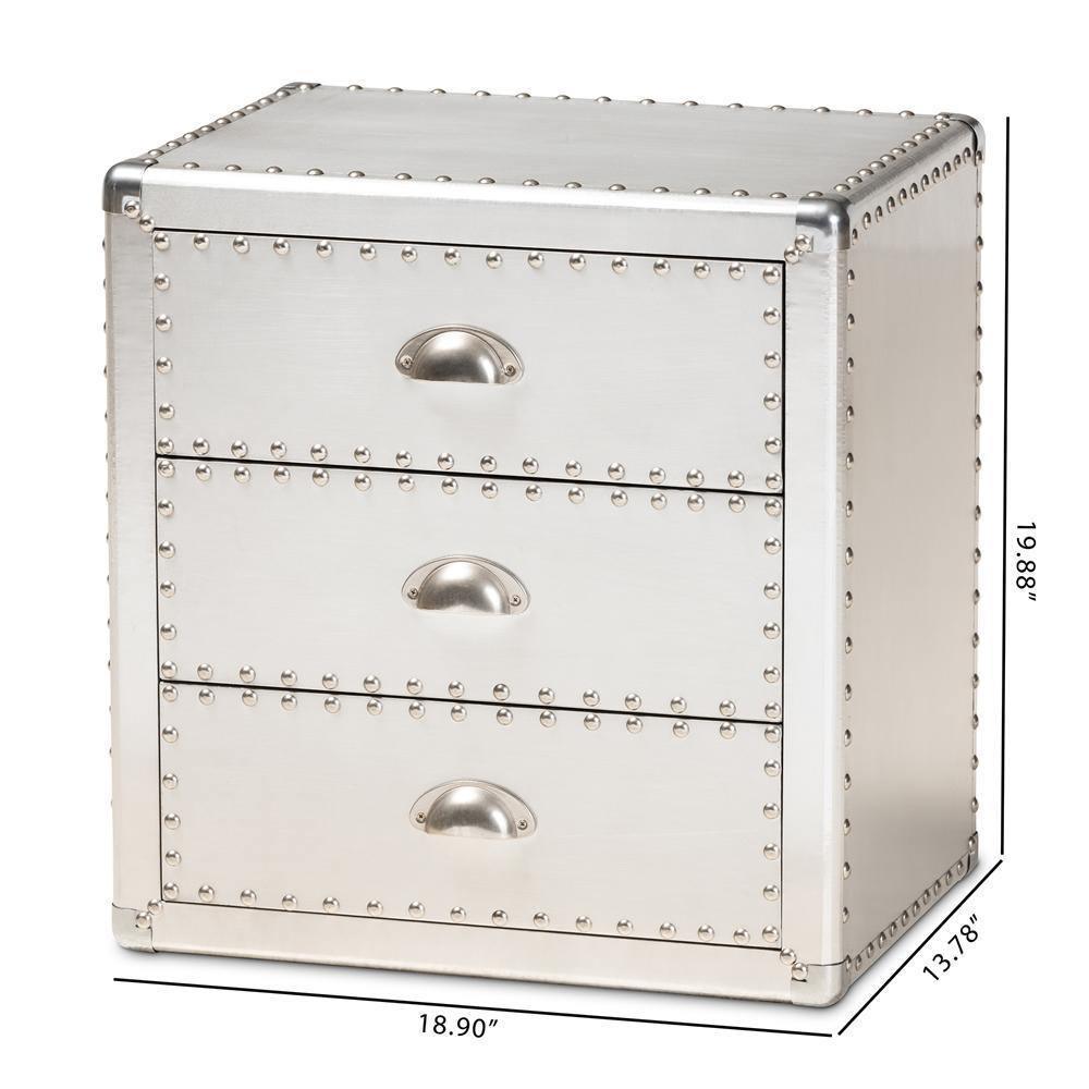 Armel French Industrial Silver Metal 3-Drawer Nightstand FredCo