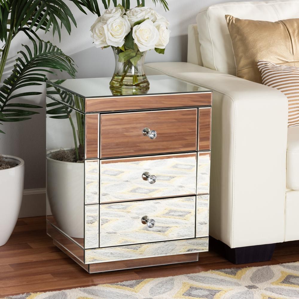 Arnold Contemporary Glam and Luxe Mirrored 3-Drawer Nightstand FredCo