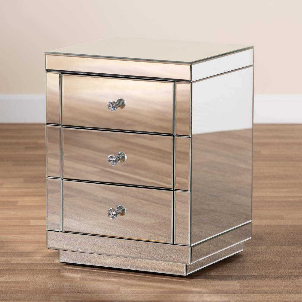 Arnold Contemporary Glam and Luxe Mirrored 3-Drawer Nightstand FredCo