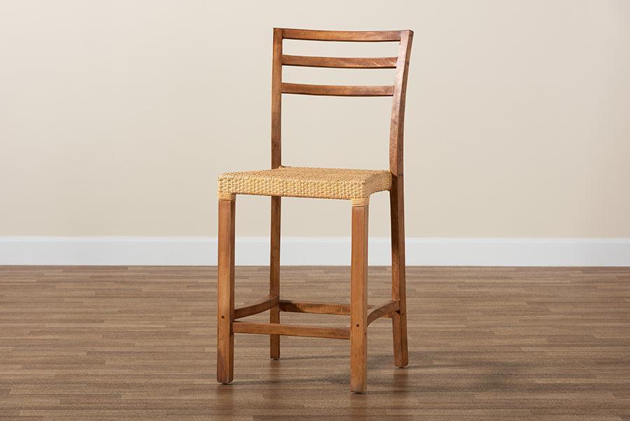 Arthur Mid-Century Modern Walnut Brown Finished Wood and Natural Rattan Counter Stool FredCo