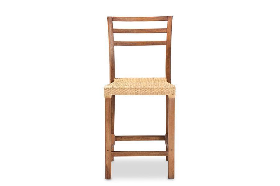 Arthur Mid-Century Modern Walnut Brown Finished Wood and Natural Rattan Counter Stool FredCo