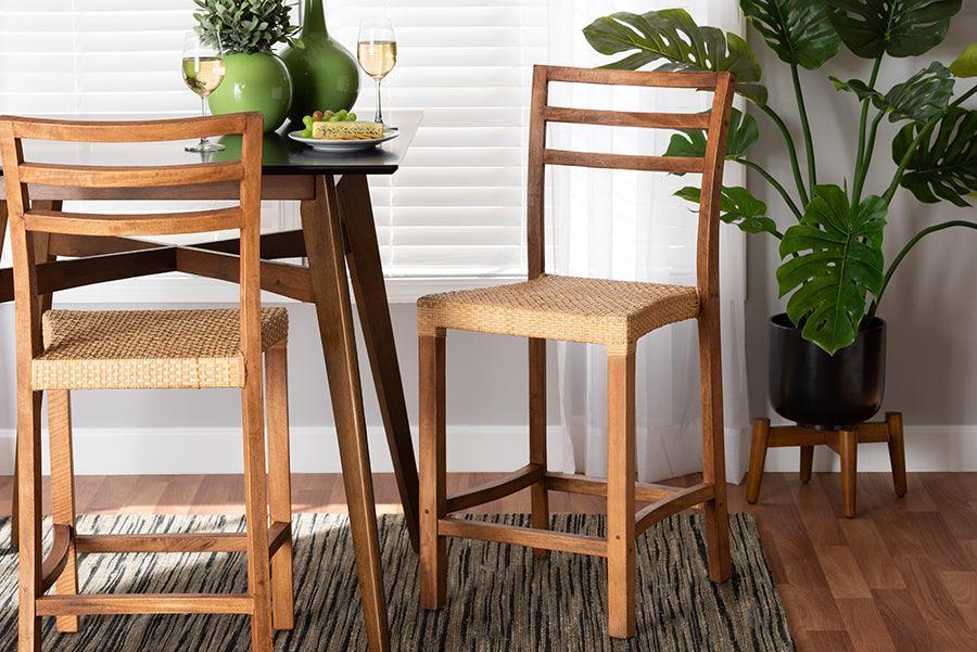 Arthur Mid-Century Modern Walnut Brown Finished Wood and Natural Rattan Counter Stool FredCo