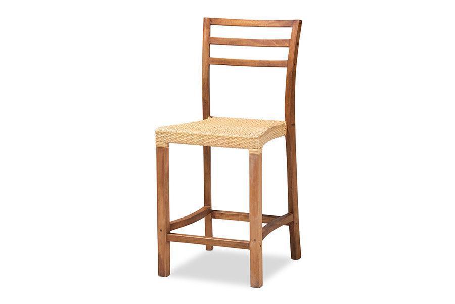 Arthur Mid-Century Modern Walnut Brown Finished Wood and Natural Rattan Counter Stool FredCo