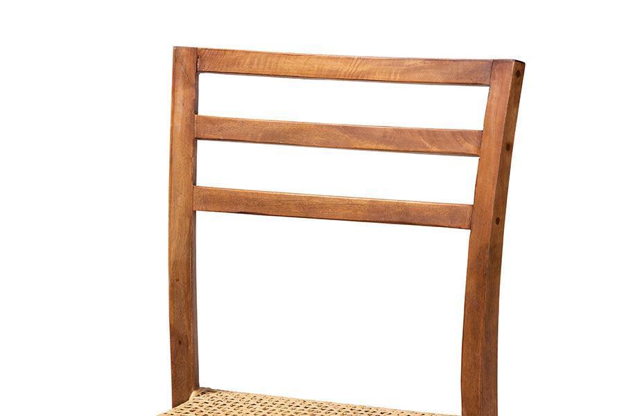 Arthur Mid-Century Modern Walnut Brown Finished Wood and Natural Rattan Counter Stool FredCo