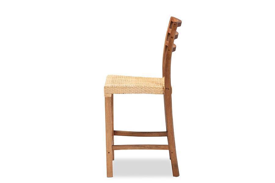 Arthur Mid-Century Modern Walnut Brown Finished Wood and Natural Rattan Counter Stool FredCo