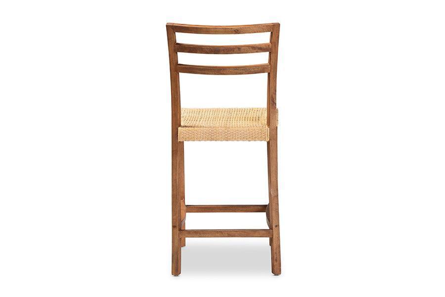 Arthur Mid-Century Modern Walnut Brown Finished Wood and Natural Rattan Counter Stool FredCo