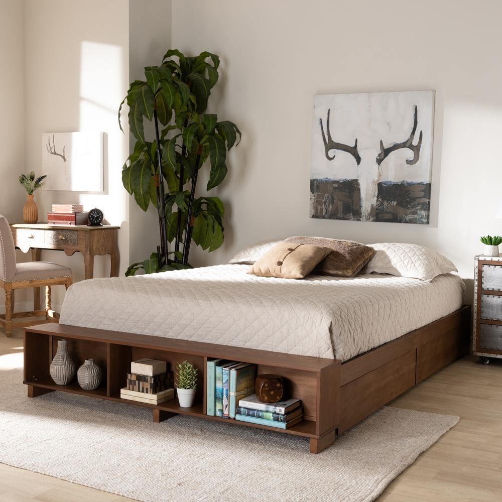 Arthur Modern Rustic Ash Walnut Brown Finished Wood Full Size Platform Bed with Built-In Shelves FredCo