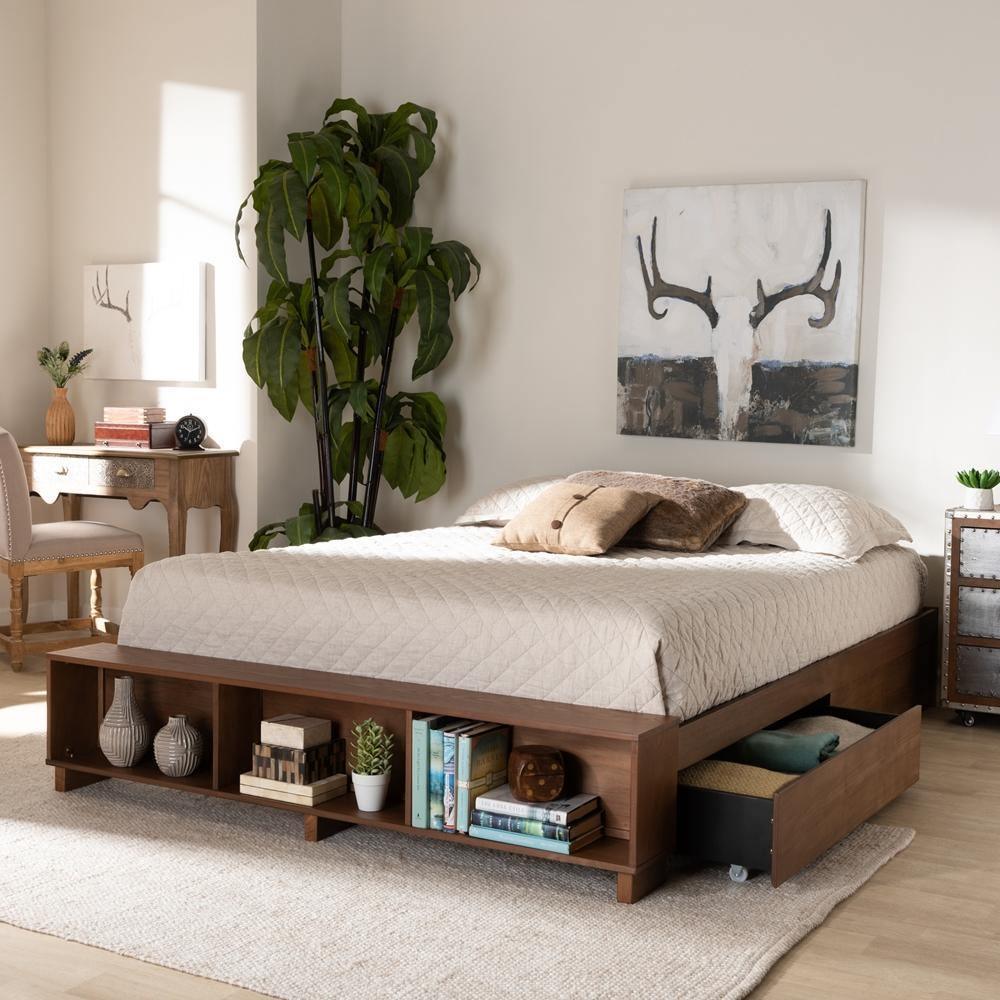 Arthur Modern Rustic Ash Walnut Brown Finished Wood King Size Platform Bed with Built-In Shelves FredCo
