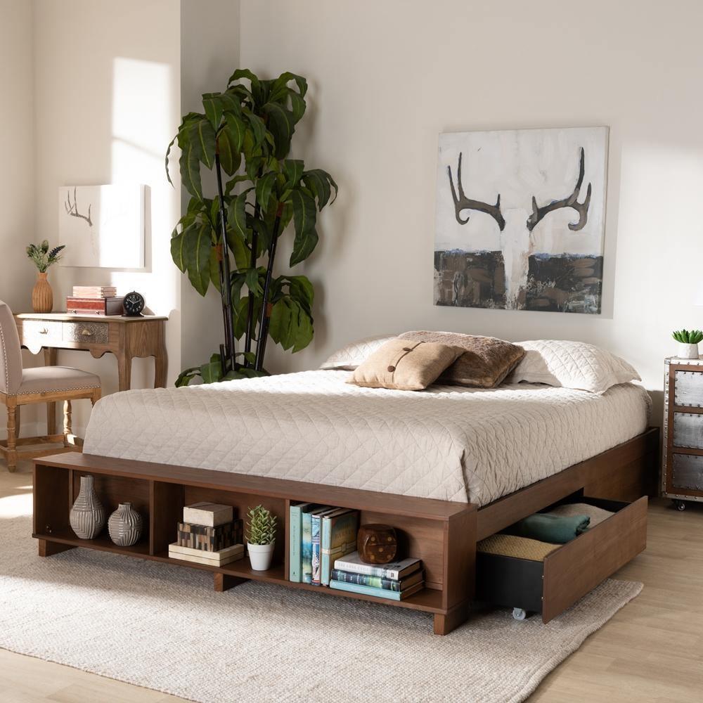 Arthur Modern Rustic Ash Walnut Brown Finished Wood Queen Size Platform Bed with Built-In Shelves FredCo