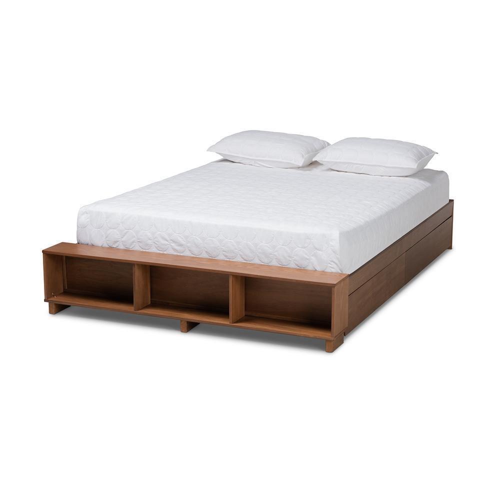 Arthur Modern Rustic Ash Walnut Brown Finished Wood Queen Size Platform Bed with Built-In Shelves FredCo