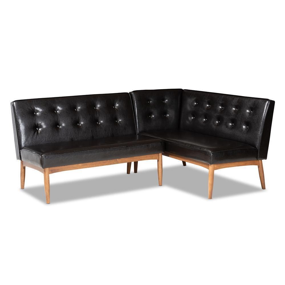 Arvid Mid-Century Modern Dark Brown Faux Leather Upholstered 2-Piece Wood Dining Nook Banquette Set FredCo