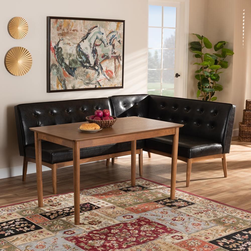 Arvid Mid-Century Modern Dark Brown Faux Leather Upholstered 3-Piece Wood Dining Nook Set FredCo