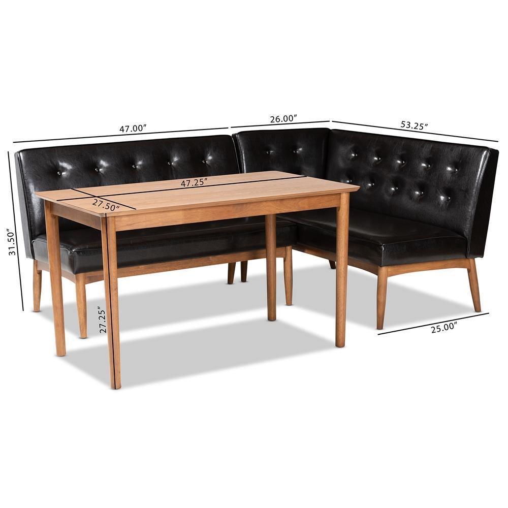Arvid Mid-Century Modern Dark Brown Faux Leather Upholstered 3-Piece Wood Dining Nook Set FredCo