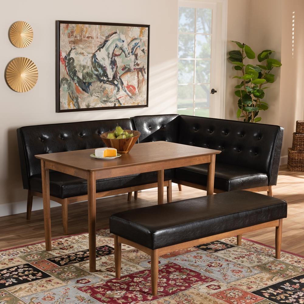 Arvid Mid-Century Modern Dark Brown Faux Leather Upholstered 4-Piece Wood Dining Nook Set FredCo