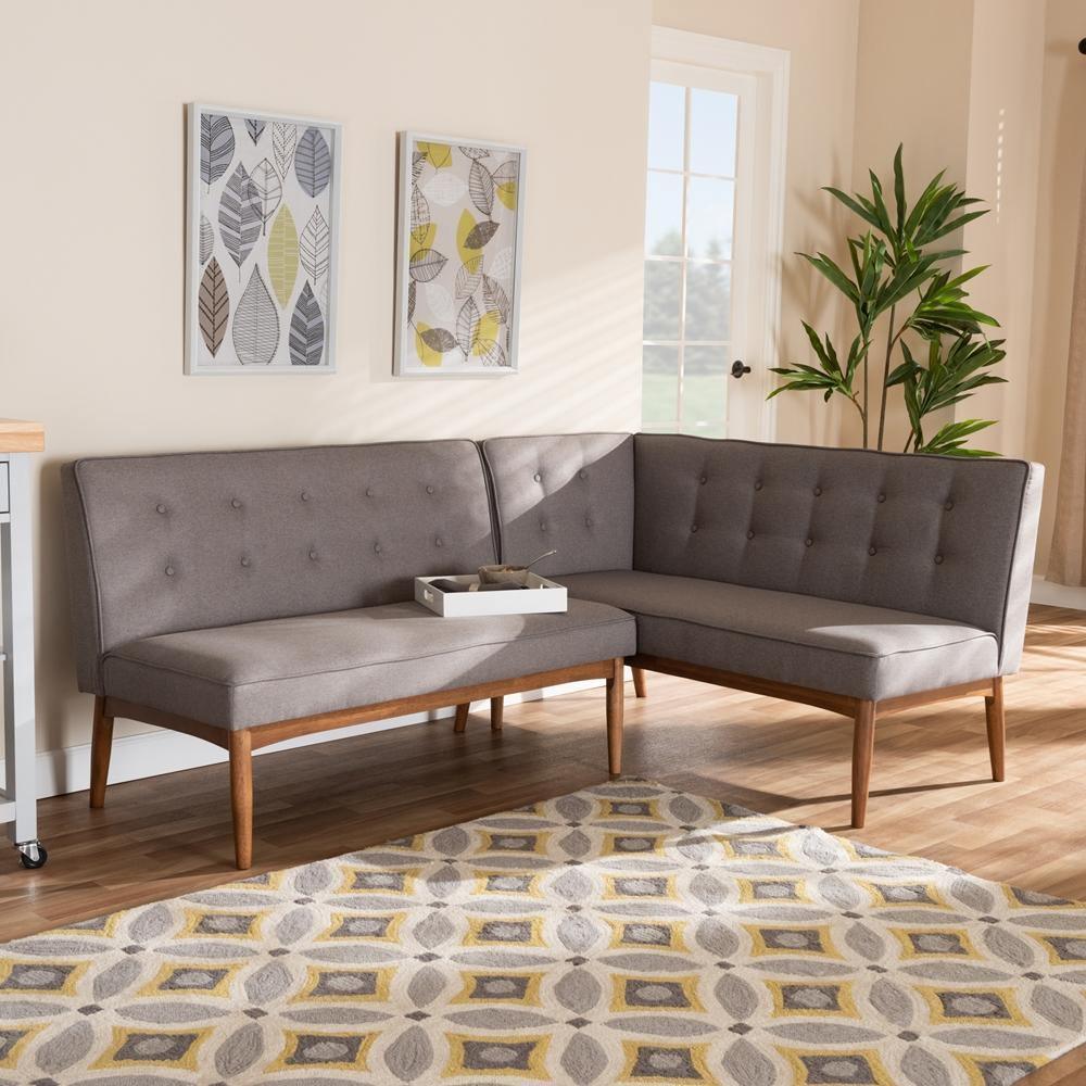Arvid Mid-Century Modern Gray Fabric Upholstered 2-Piece Wood Dining Nook Banquette Set FredCo