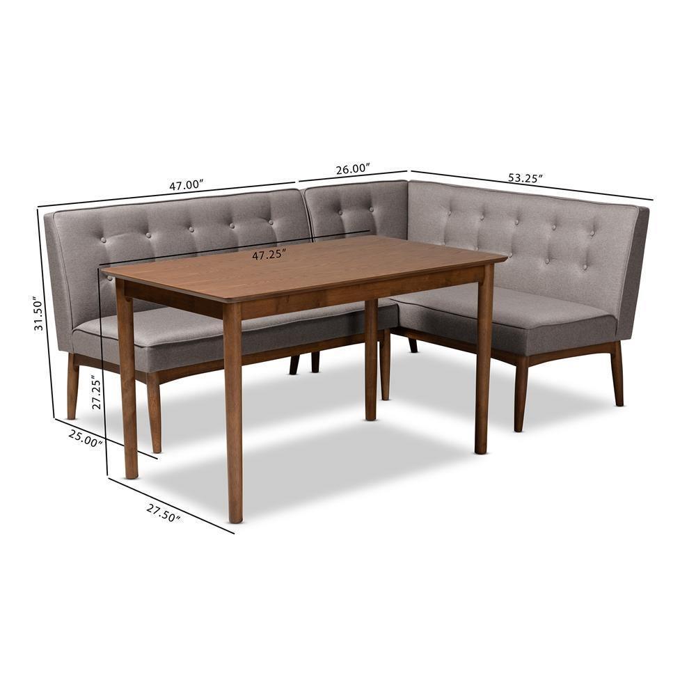 Arvid Mid-Century Modern Gray Fabric Upholstered 3-Piece Wood Dining Nook Set FredCo