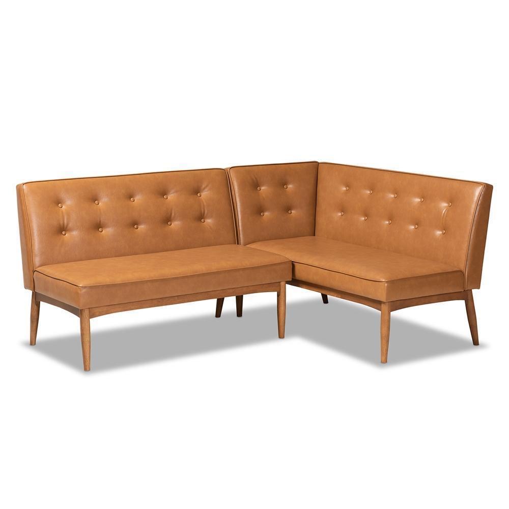 Arvid Mid-Century Modern Tan Faux Leather Upholstered and Walnut Brown Finished Wood 2-Piece Dining Corner Sofa Bench FredCo