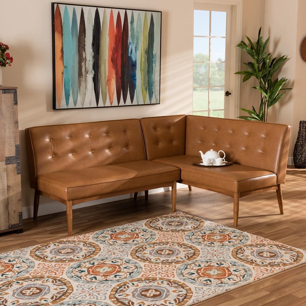 Arvid Mid-Century Modern Tan Faux Leather Upholstered and Walnut Brown Finished Wood 2-Piece Dining Corner Sofa Bench FredCo