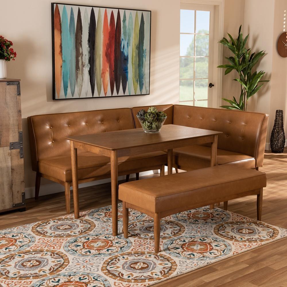Arvid Mid-Century Modern Tan Faux Leather Upholstered and Walnut Brown Finished Wood 4-Piece Dining Nook Set FredCo