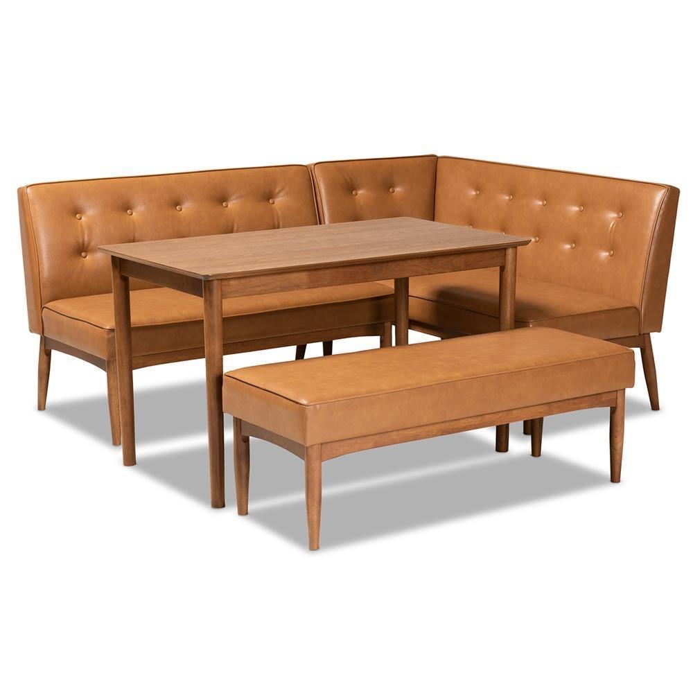 Arvid Mid-Century Modern Tan Faux Leather Upholstered and Walnut Brown Finished Wood 4-Piece Dining Nook Set FredCo
