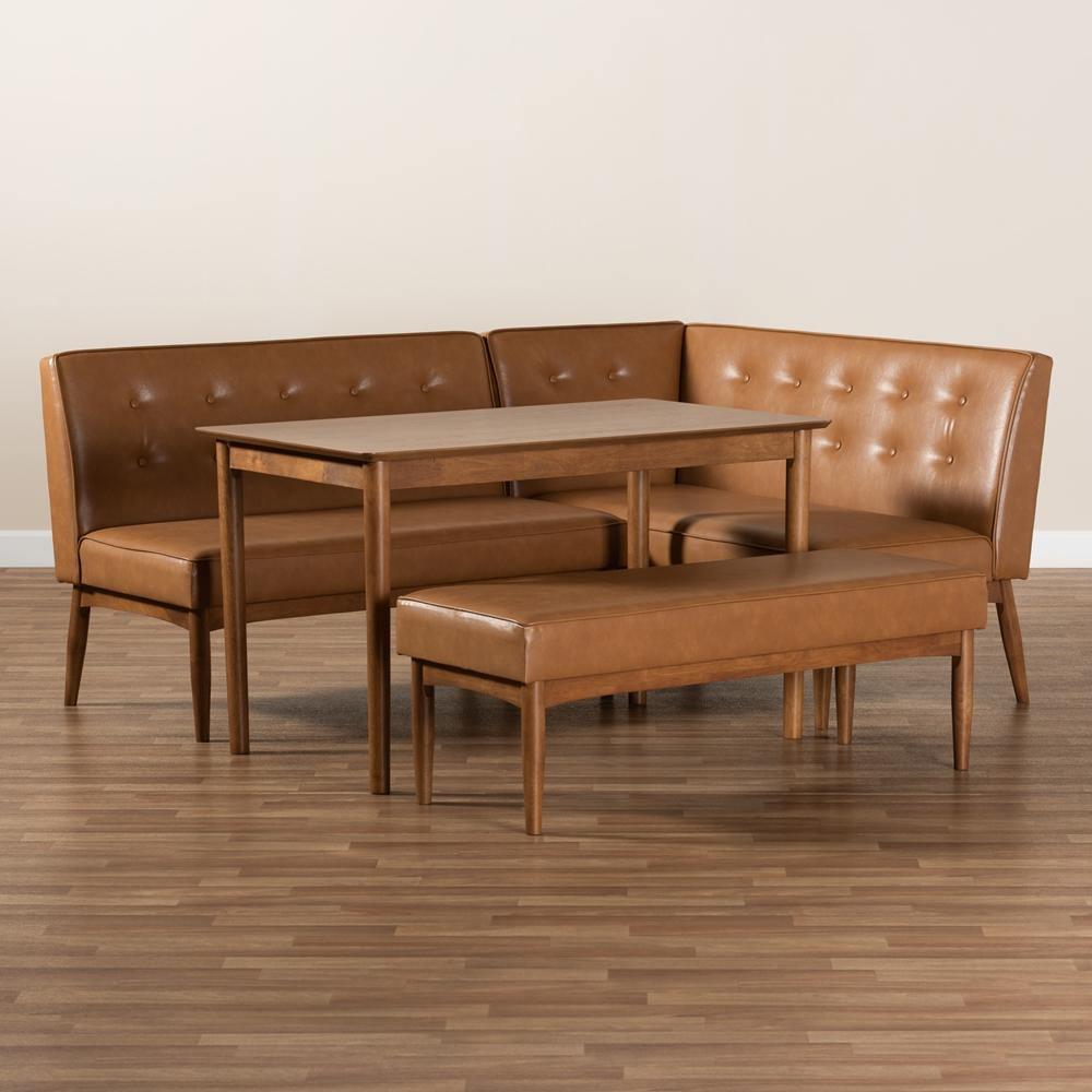 Arvid Mid-Century Modern Tan Faux Leather Upholstered and Walnut Brown Finished Wood 4-Piece Dining Nook Set FredCo