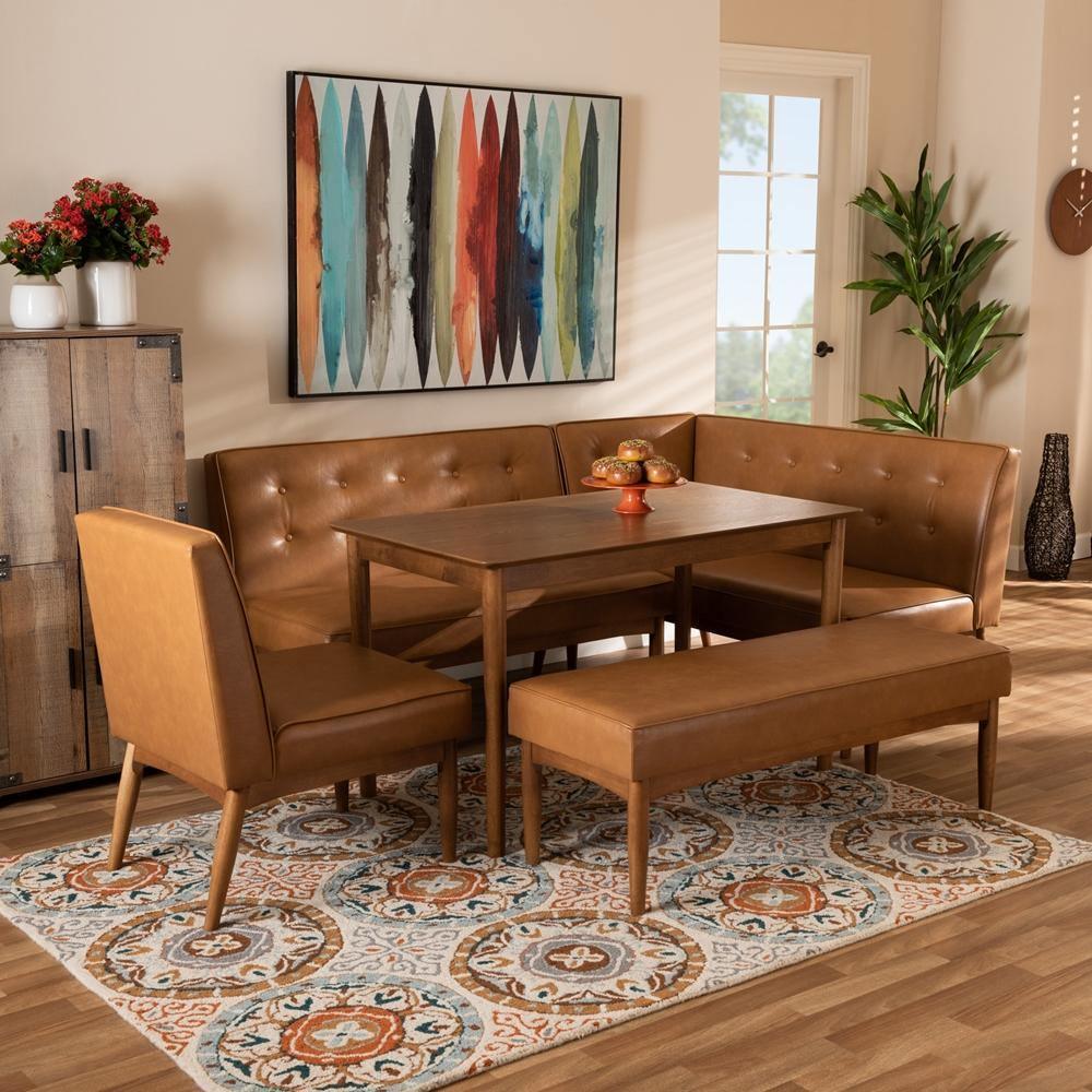 Arvid Mid-Century Modern Tan Faux Leather Upholstered and Walnut Brown Finished Wood 5-Piece Dining Nook Set FredCo