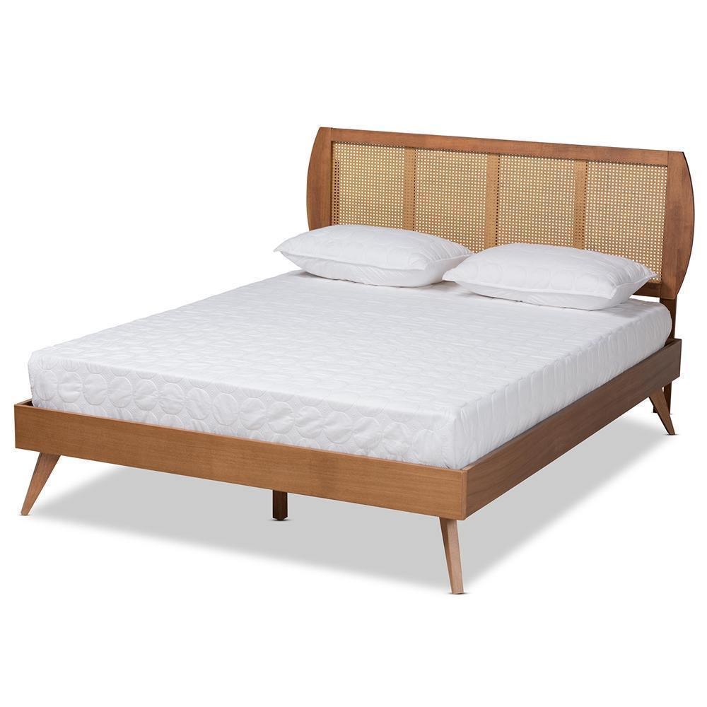 Asami Mid-Century Modern Walnut Brown Finished Wood and Synthetic Rattan Full Size Platform Bed FredCo