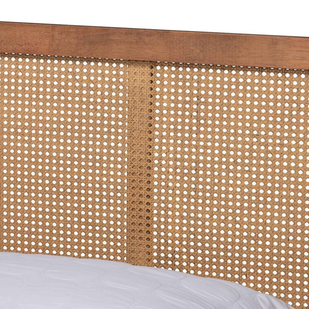 Asami Mid-Century Modern Walnut Brown Finished Wood and Synthetic Rattan Full Size Platform Bed FredCo