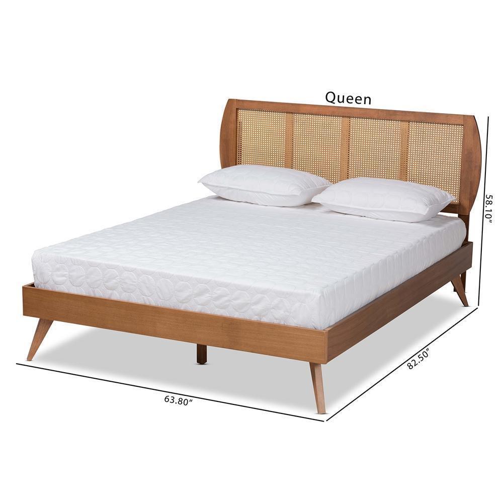Asami Mid-Century Modern Walnut Brown Finished Wood and Synthetic Rattan Full Size Platform Bed FredCo