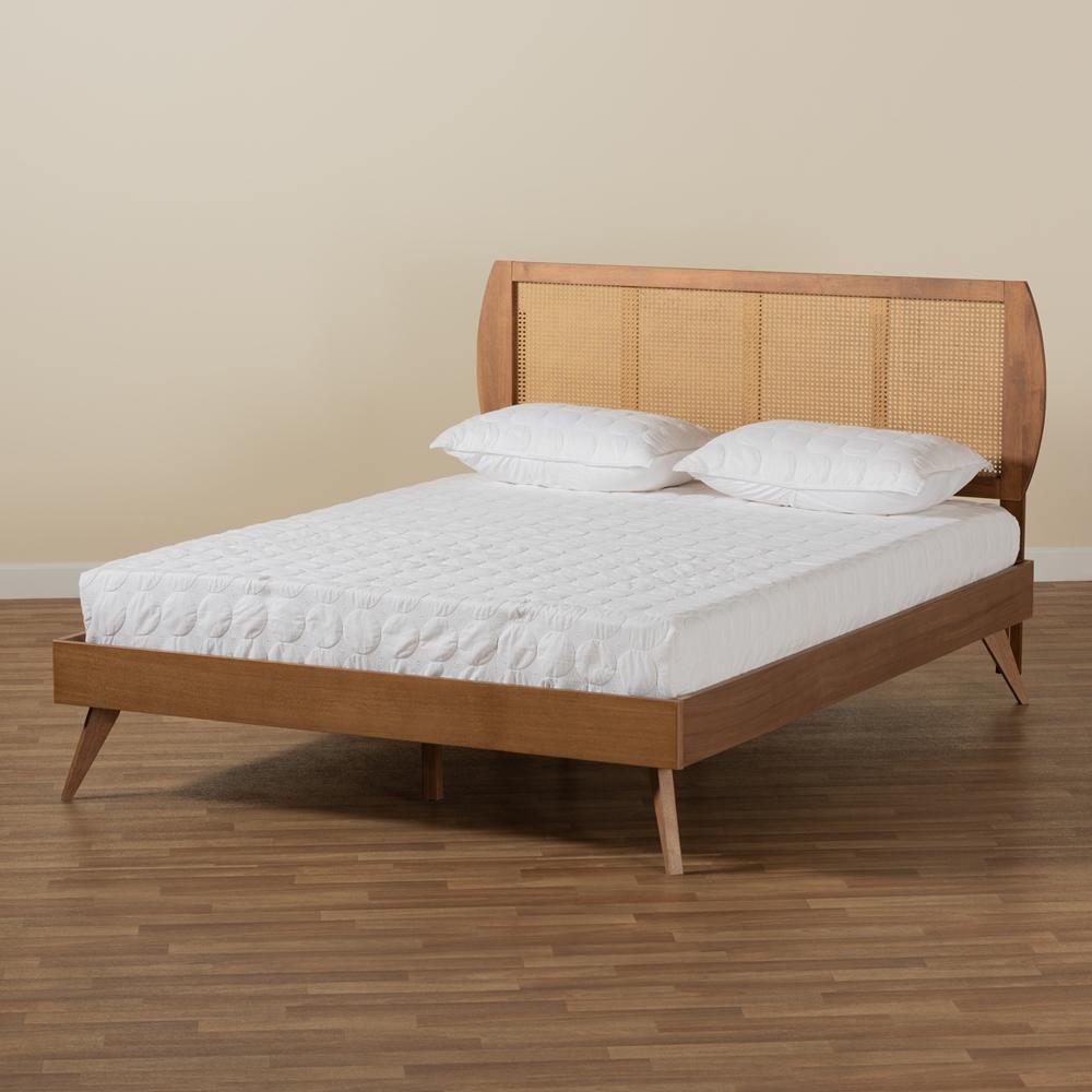 Asami Mid-Century Modern Walnut Brown Finished Wood and Synthetic Rattan Full Size Platform Bed FredCo