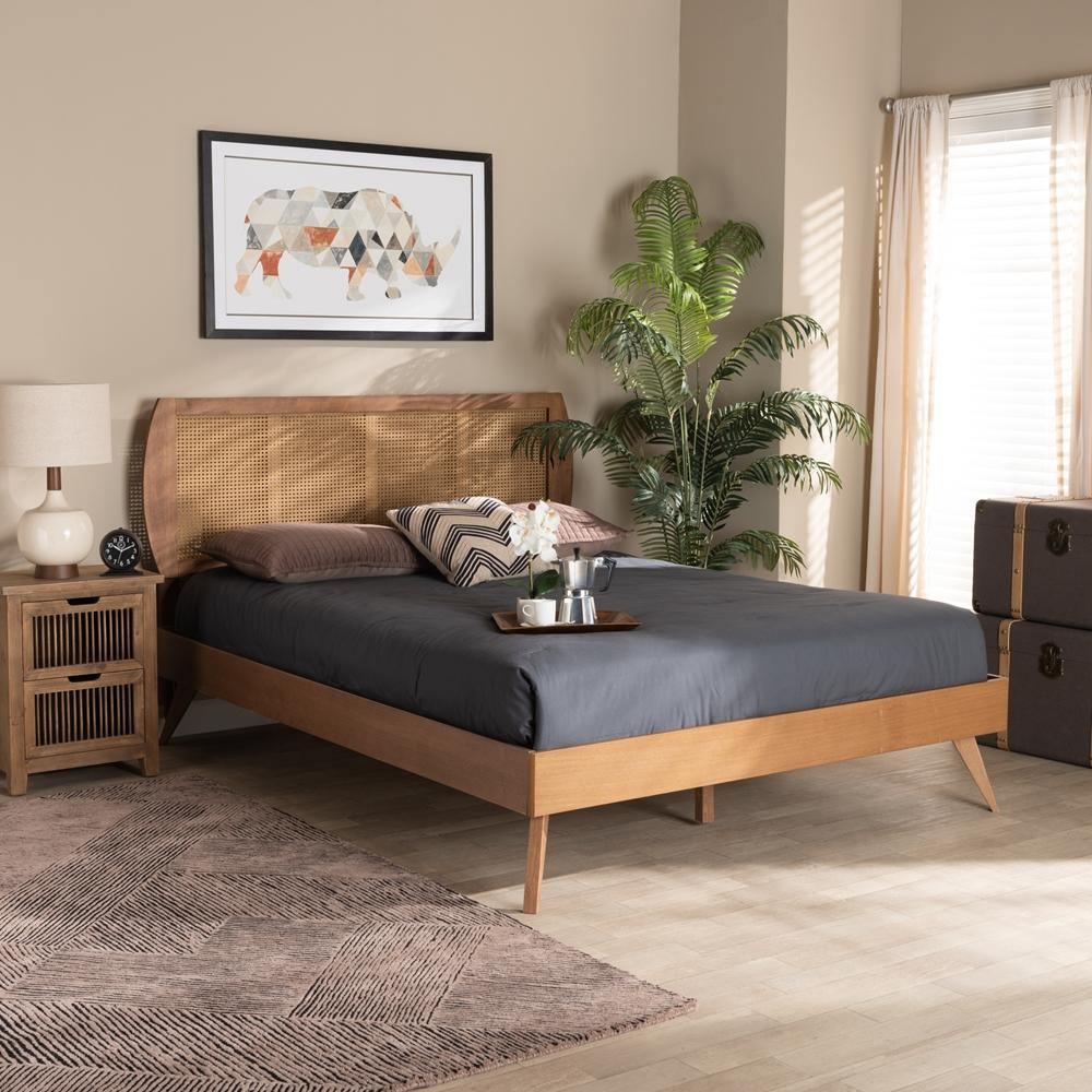 Asami Mid-Century Modern Walnut Brown Finished Wood and Synthetic Rattan Full Size Platform Bed FredCo