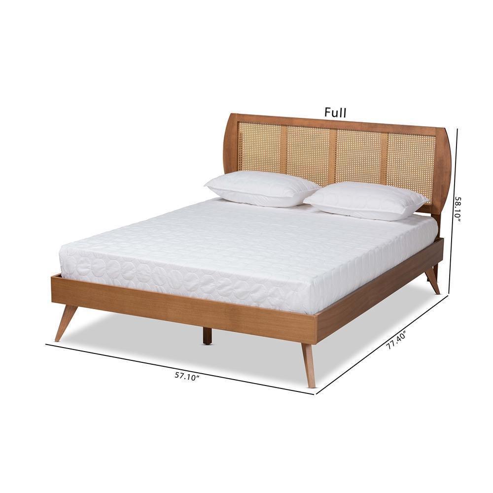 Asami Mid-Century Modern Walnut Brown Finished Wood and Synthetic Rattan Full Size Platform Bed FredCo
