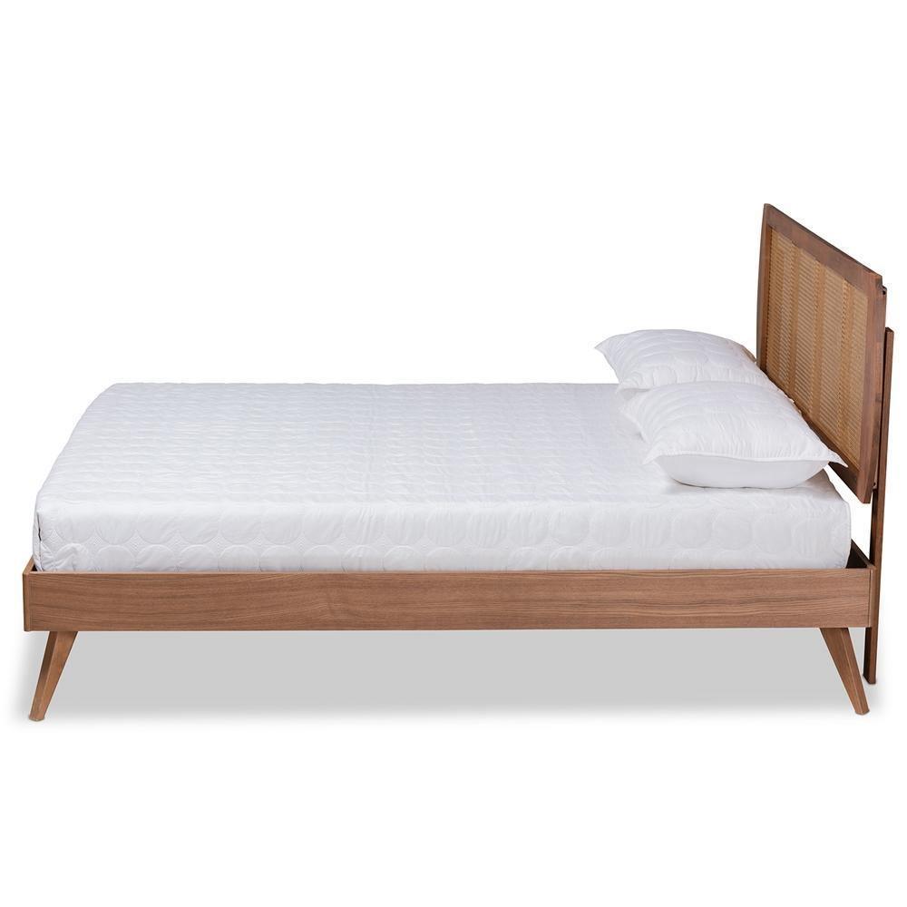 Asami Mid-Century Modern Walnut Brown Finished Wood and Synthetic Rattan Queen Size Platform Bed FredCo