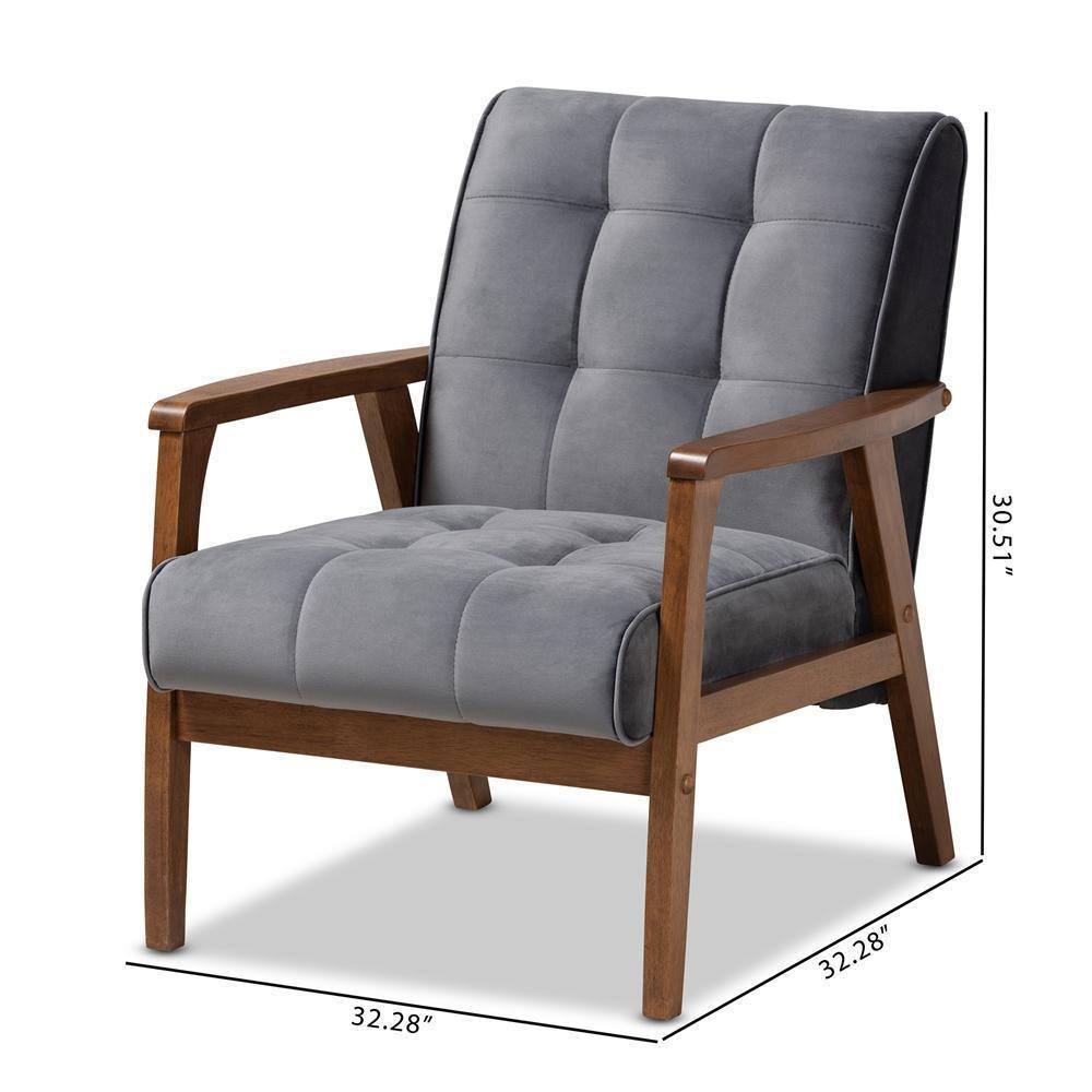 Asta Mid-Century Modern Grey Velvet Fabric Upholstered Walnut Finished Wood Armchair FredCo
