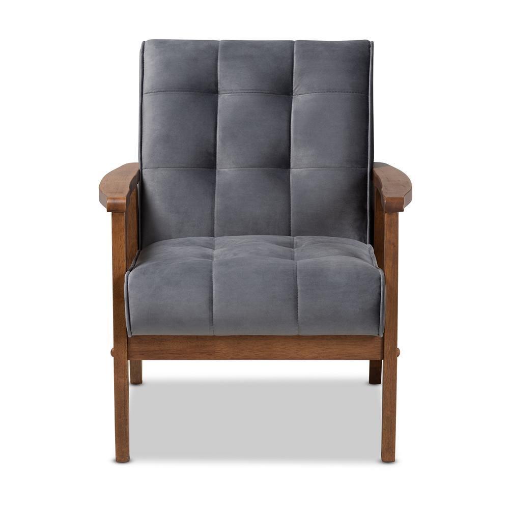 Asta Mid-Century Modern Grey Velvet Fabric Upholstered Walnut Finished Wood Armchair FredCo