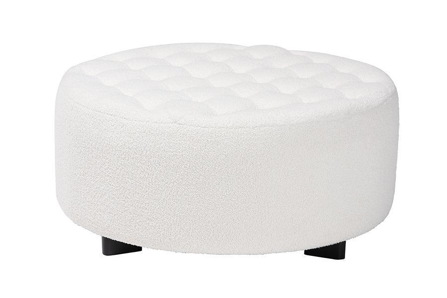 Athena Modern and Contemporary Ivory Boucle Upholstered and Black Finished Wood Round Ottoman FredCo